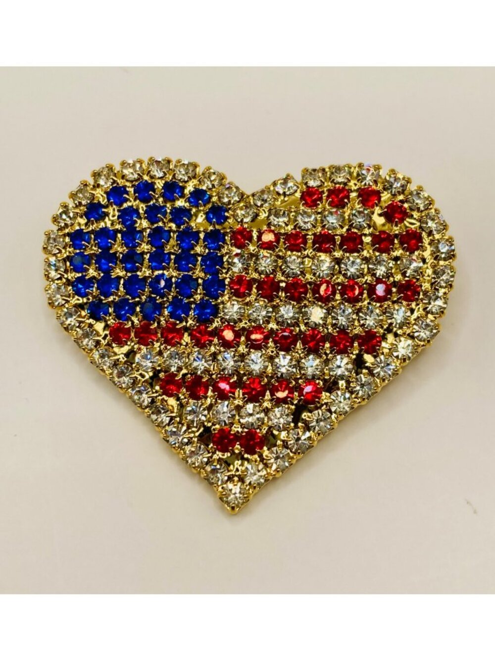 Heart-Shaped American Flag Patriotic Rhinestone Brooch Pin